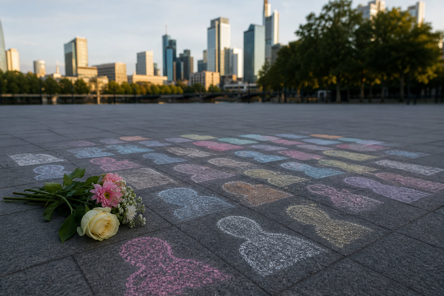 45 Drogentote in Frankfurt: Namen mit Kreide auf den Jürgen-Ponto-Platz geschrieben