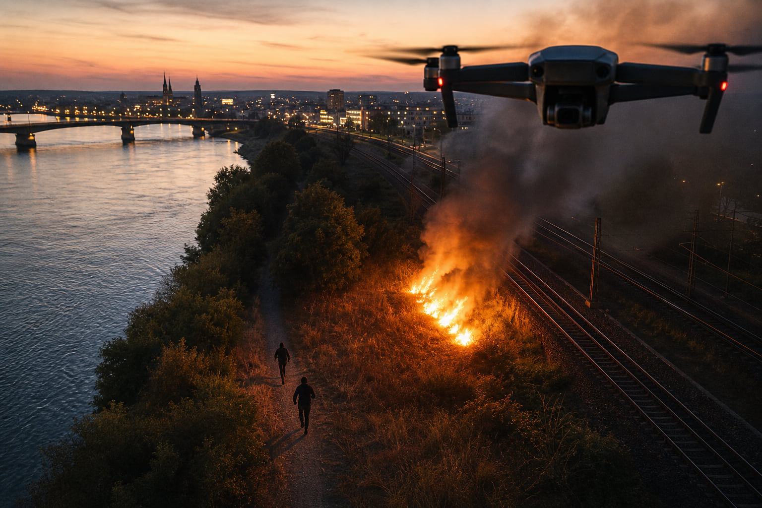 Feuer am Rheinufer in Mainz-Kastel: Drohne filmt flüchtende Verdächtige