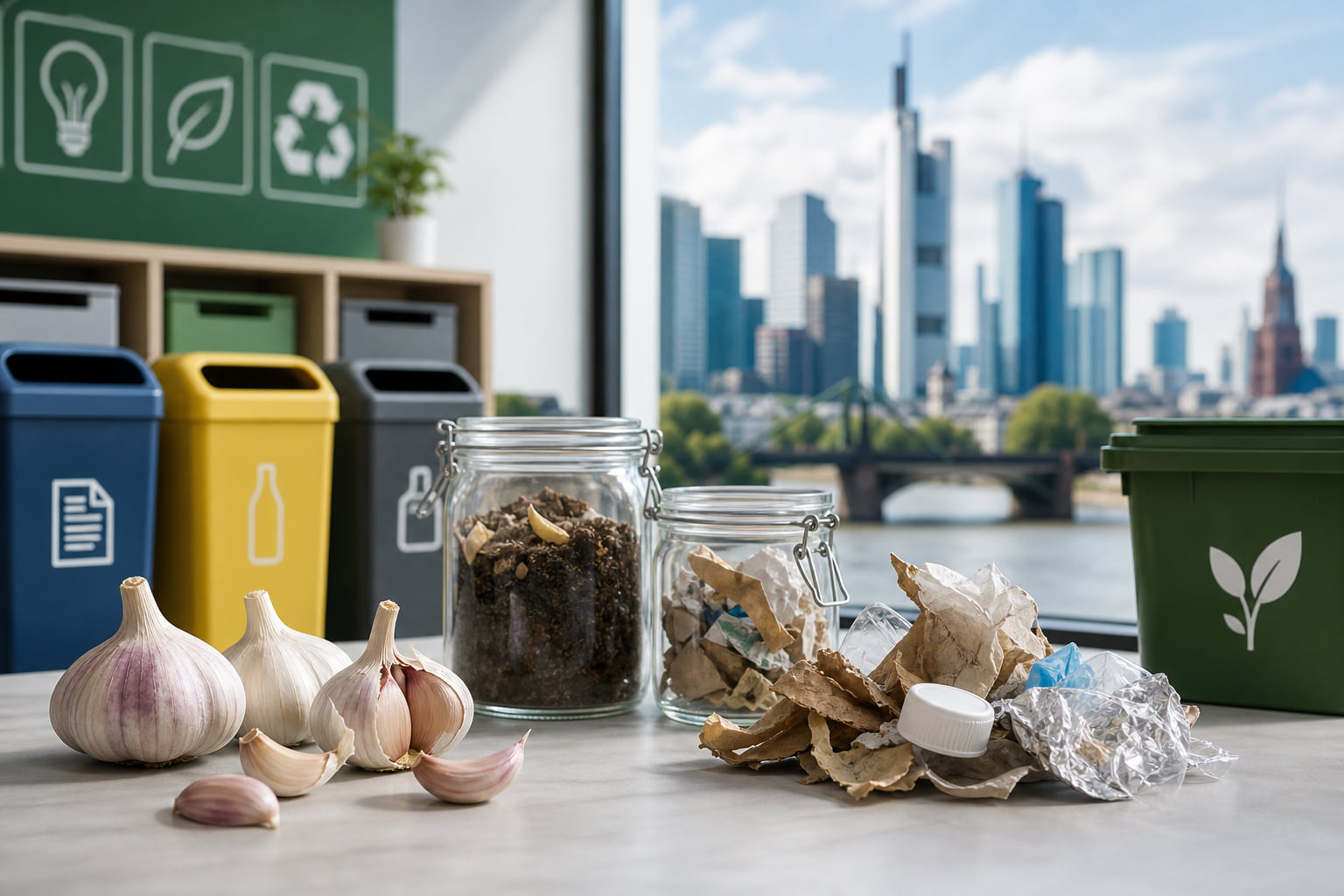 Lernwerkstatt Abfall in Frankfurt: Schüler schnuppern an Knoblauch und Müll