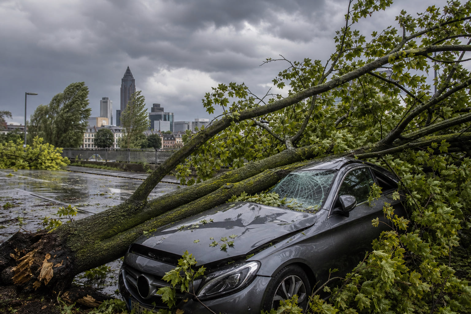 Sturm trifft Rhein-Main: Bäume umgekippt, Autos beschädigt, Straßenbahn gesperrt
