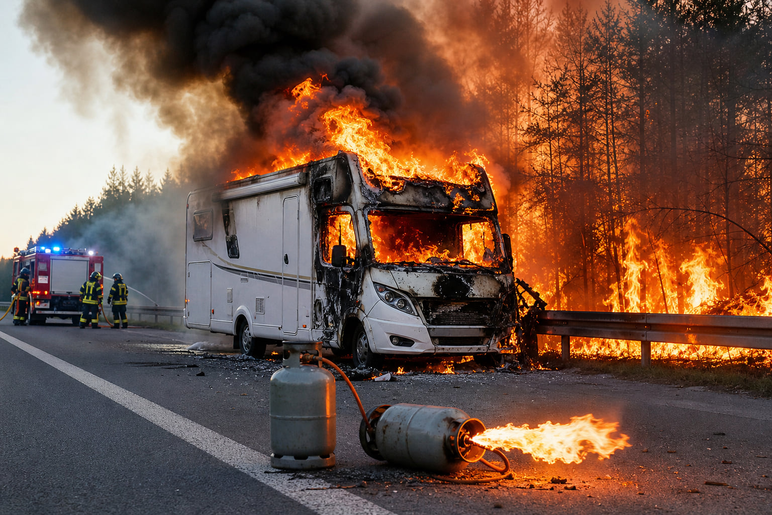 Wohnmobil brennt auf der A3: Propangasflaschen explodieren – 2500 Quadratmeter Wald in Flammen