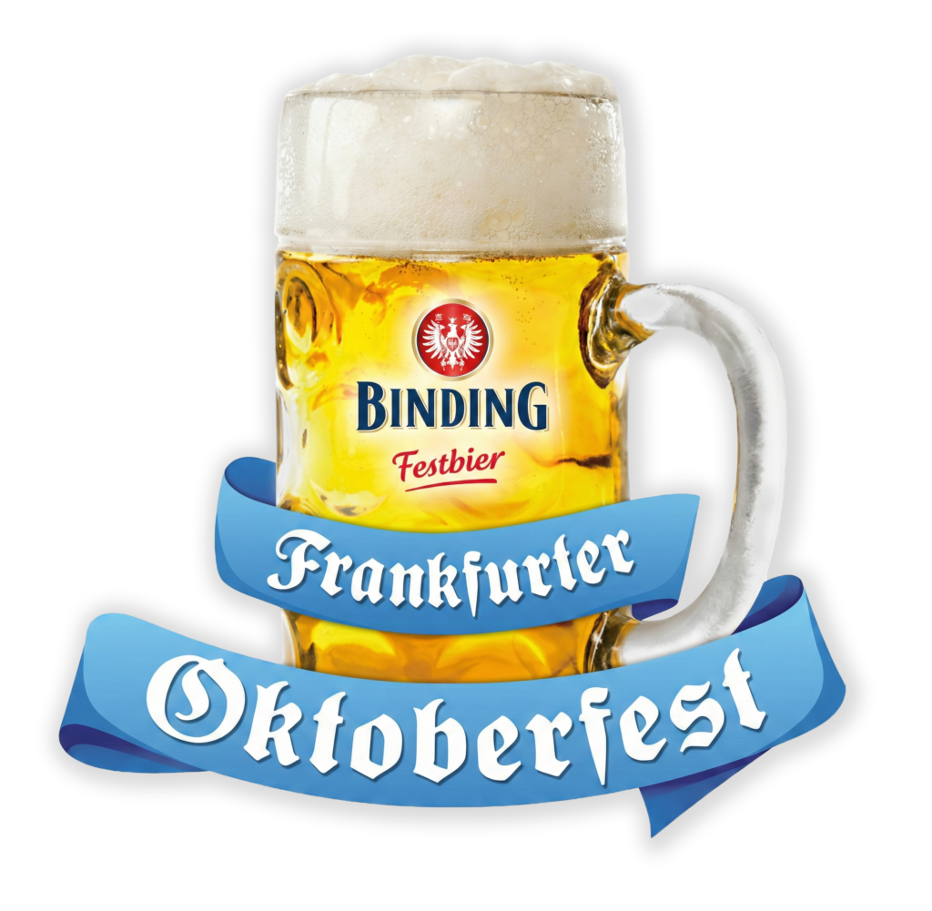 Ein Bierkrug mit Schaum, beschriftet mit „Binding Festbier“, begleitet von einem blauen Banner mit „Frankfurter Oktoberfest“.