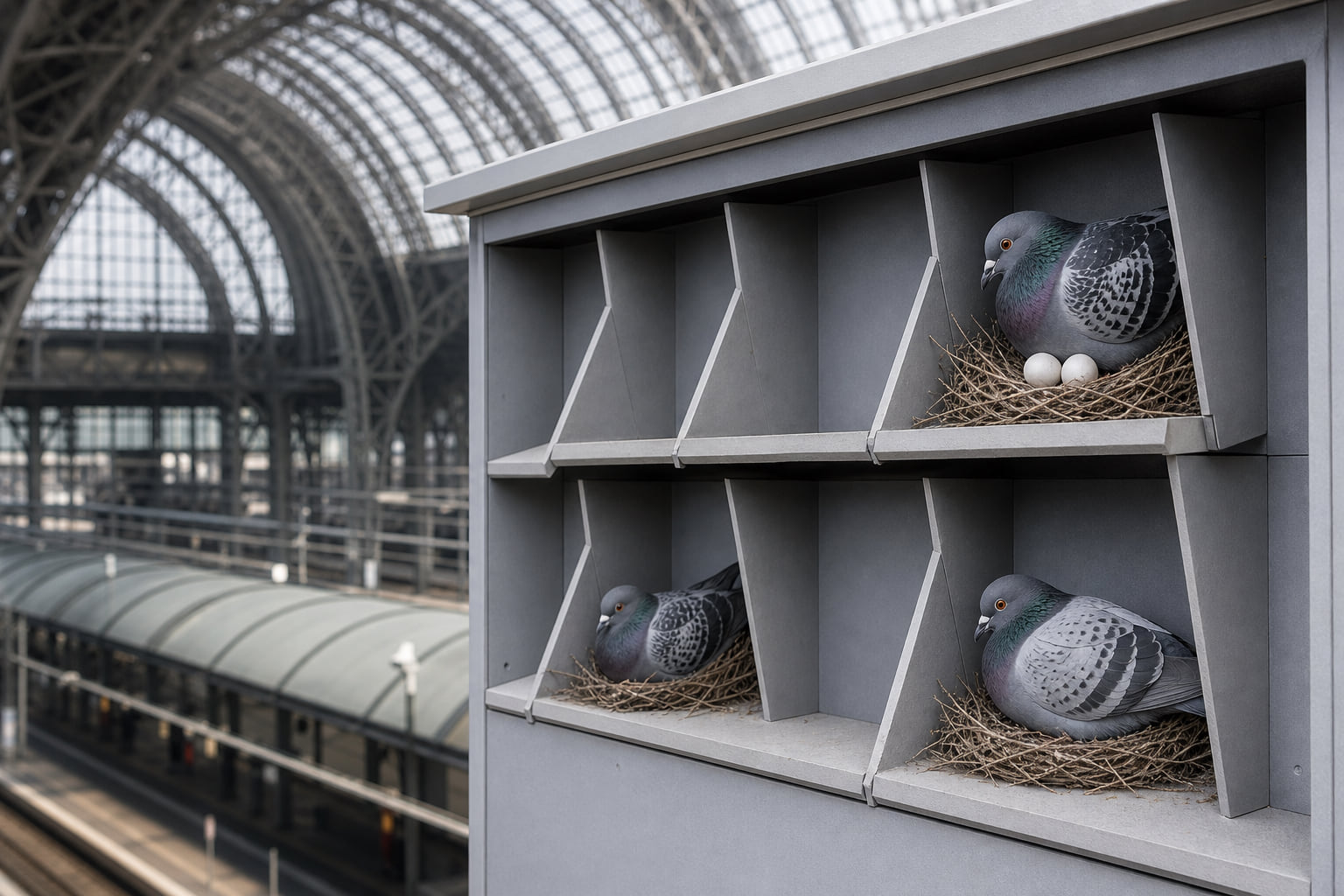 Tauben am Frankfurter Hauptbahnhof: Neue Brutwände machen den Eiertausch einfacher