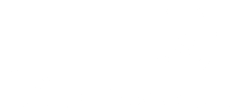 Logo mit Mikrofon und Schriftzug „DER FRÜHSTÜCKSCLUB“ in Weiß auf transparentem Hintergrund.