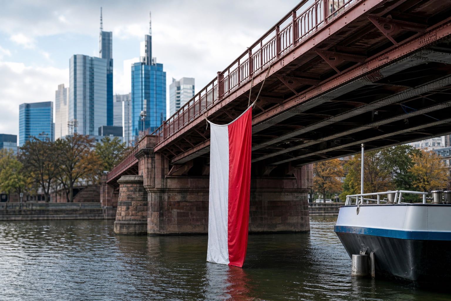 Flagge an der Ignatz-Bubis-Brücke: Gefahr für Schiffe in Sachsenhausen