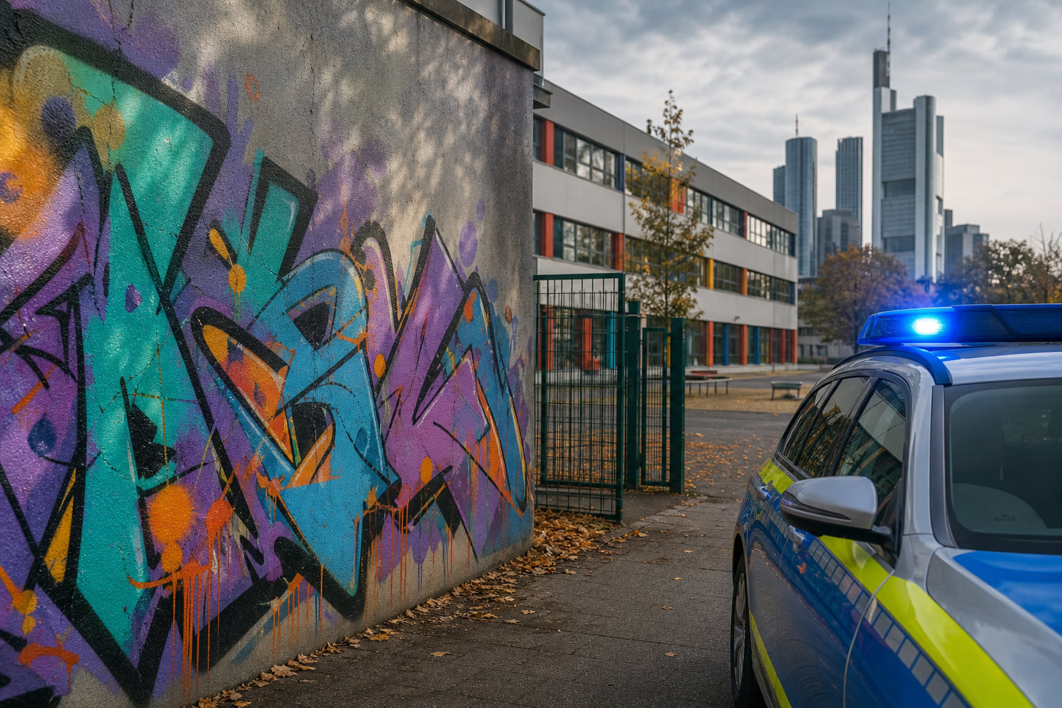 Riesen-Graffiti vor Schule im Westend: Polizei sucht Zeugen